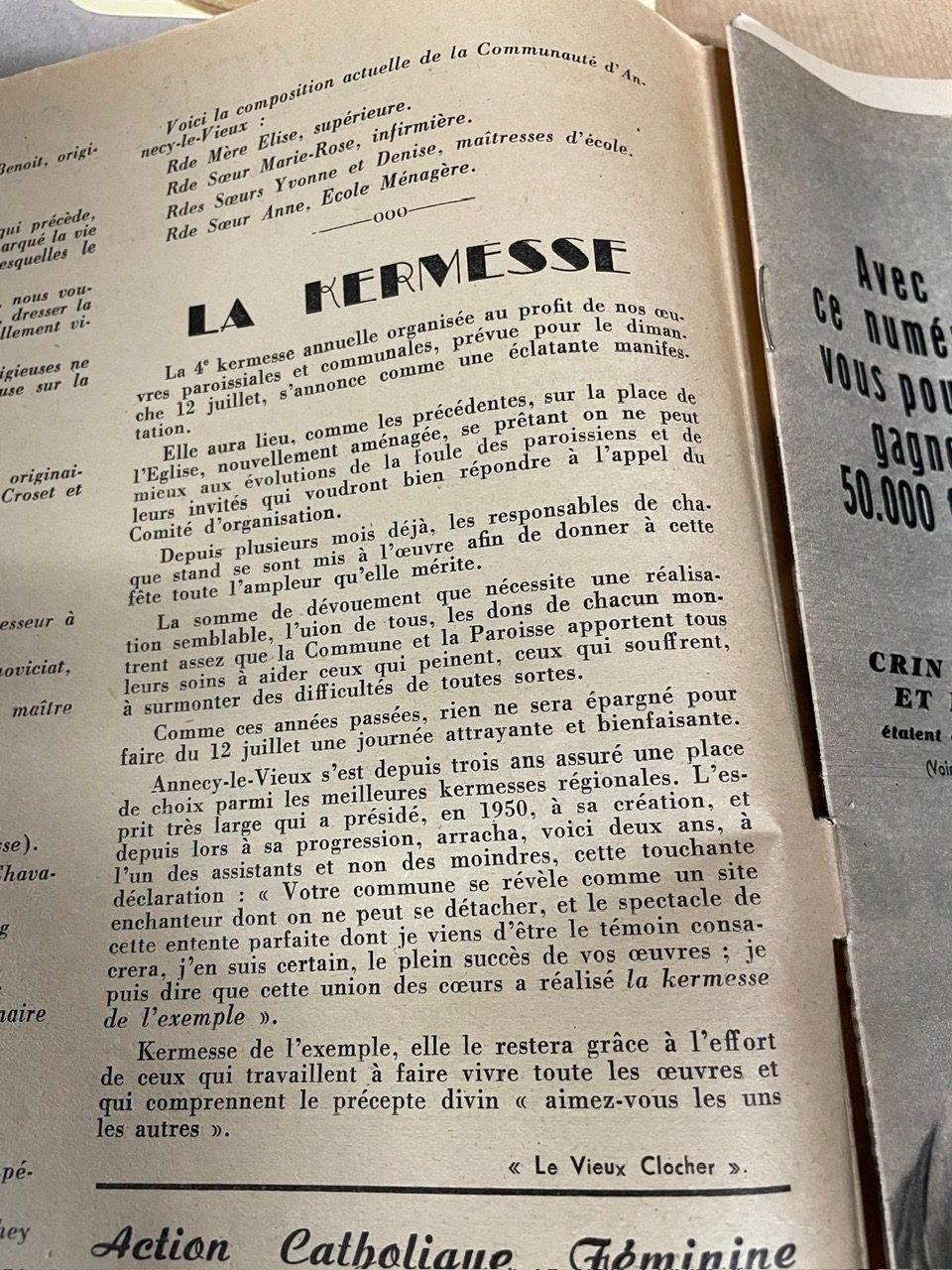 Bulletin paroissial 'Le Vieux Clocher' annoncant la 4e kermesse d'Annecy-le-Vieux du 12 juillet 1953