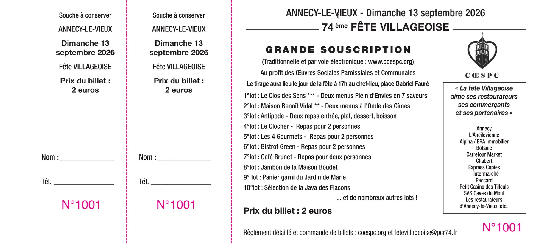 Billet de la tombola 2026 de la F&ecirc;te Villageoise d'Annecy-le-Vieux&nbsp;: 2 euros, tirage le dimanche 13 septembre 2026, dix premiers lots offerts par les restaurateurs et commer&ccedil;ants.