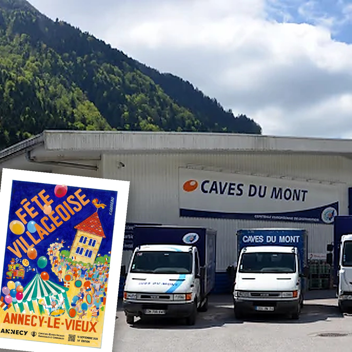L’affiche 2026 de la Fête Villageoise devant le dépôt des Caves du Mont